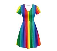 Dolyues Kurzärmelige Sommerkleider für Frauen Mädchen Casual Daily Arbeit T-Shirt Kleid, Größe S-4XL, Bunte Regenbogen-Streifen., XXXXL