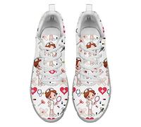 Dolyues Lässige Damen Laufschuhe Leichte Pflege Weiß Drucken Schnüren Gittergewebe Sporttrainer Joggingschuhe 39 EU