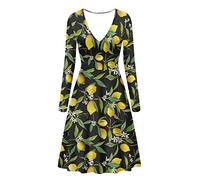 Dolyues Lässiges tägliches Arbeitskleid mit langen Ärmeln, Midi-Kleider für Damen, Party, V-Ausschnitt, Gelbe Zitronen, L