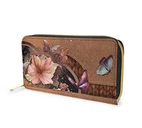 Dolyues Lange Damen-Geldbörse aus PU-Leder mit mehreren Fächern, Kreditkartenfach mit Reißverschluss, Münzgeldbeutel für Damen, Hibiskus-Schmetterlingsmuster, Klassisch