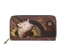 Dolyues Lange Damen-Geldbörse aus PU-Leder mit mehreren Fächern, Kreditkartenfach mit Reißverschluss, Münzgeldbeutel für Damen, Schwein-Sonnenblumen-Design, Klassisch