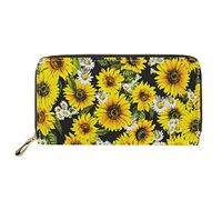 Dolyues Lange PU-Leder wasserdichte lange schlanke Geldbörse für Frauen mit Reißverschluss Münzfach Kreditkartenhalter Bargeld Clutch Taschen für Business, Sonnenblume mit Gänseblümchen, Klassisch