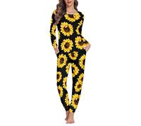 Dolyues Langer Damen-Schlafanzug mit Tasche, zweiteilig, normale Pyjama-Sets für Damen, Teenager, Mädchen, XS-6XL, Gelbe Sonnenblume, 38