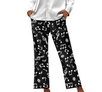 Dolyues Loungehose für Damen, Pyjamahose mit Tasche, lang, weites Bein, lockere Hose, Musiknote, Schwarz, 52