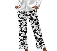 Dolyues Loungehose für Damen, Pyjamahose mit Tasche, lang, weites Bein, lockere Hose, Schwarz Weiß Panda, 42