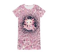 Dolyues Mädchen-Nachthemd, Sommer, weich, niedlicher Cartoon-Druck, Schlafkleid für Kinder von 3-14 Jahren, Kirschblüte Axolotl, 13-14 Years