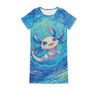 Dolyues Mädchen-Nachthemd, Sommer, weich, niedlicher Cartoon-Druck, Schlafkleid für Kinder von 3-14 Jahren, Blue Wave Axolotl, 7-8 Years