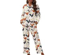 Dolyues Pyjama-Set für Damen, Oberteile, Hemden und Hosen mit Tasche, langer Damen-Schlafanzug, Huhn, 36