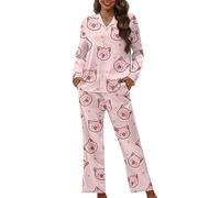 Dolyues Pyjama-Set für Damen, Oberteile, Hemden und Hosen mit Tasche, langer Damen-Schlafanzug, Rosa, Schwein, 38