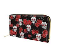 Dolyues Red Rose Skull Head Print Frauen Lange Pu-Leder Geldbörse Große Kapazität Reißverschluss Kreditkarte Geldhalter