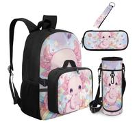 Dolyues Rosa Axolotl Rucksack mit Lunchbox befestigt 5-teilige Büchertasche für Mädchen Alter 8-10 Jahre mit Wasserflaschenhalter, Niedlicher Axolotl Regenbogen, Tagesrucksack