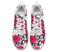 Dolyues rot Rose Blumen weiß und schwarz Leopardenmuster Laufschuhe für Damen Mode Schnürschuhe Sporttrainer Leicht EU43