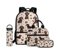 Dolyues Rucksack für Mädchen 4-6 6-8 8-10 10-12 12-14 mit Lunchbox Federmäppchen und isolierter Wasserflasche für Schule, Niedlicher Dackel, Water Bottle-18oz