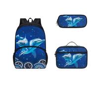 Dolyues Schulrucksack für Kinder, Büchertaschen-Set mit Lunchbox, Mahlzeitbox, Tasche und Federmäppchen, 3-teiliges Schulranzen-Set, Delfin