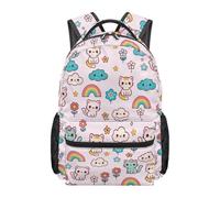 Dolyues Schulrucksack für Mädchen der 3. Klasse, 8-10 Jahre, niedlicher Katzenkuh-Druck, Büchertasche für Kinder, mit mehreren Taschen, Katze, Regenbogen-Blume, Tagesrucksack