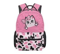 Dolyues Schulrucksack für Mädchen der 3. Klasse, 8-10 Jahre, niedlicher Katzenkuh-Druck, Büchertasche für Kinder, mit mehreren Taschen, Katzen- und Kuh-Aufdruck, Tagesrucksack