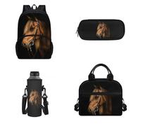 Dolyues Schulrucksack-Set für Kinder, Mädchen, Jungen, 4-teilig, Schulranzen, Schulbedarf, Reisezubehör, Braunes Pferd, One size