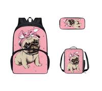 Dolyues Schulrucksack-Set mit Lunchbox für Mädchen, Mittelschule, Büchertasche, kleines Federmäppchen, 3-in-1, lässiger Tagesrucksack für Kinder, Rosa Mops