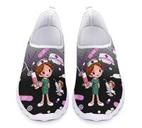 Dolyues Schwarz Weiß Farbverlauf Cartoon Krankenschwester Muster Frauen Sportliche Sport Laufschuhe, Lässige Mesh Atmungsaktive Slip On Sneakers