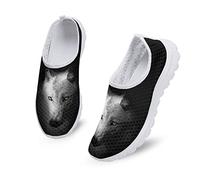 Dolyues Weiße 3D Tier Wolf Druck Damen beiläufige Slip On Wanderschuhe Workout Fitness Trainer MeshTurnschuhe für Krankenhausarbeit