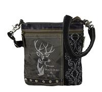 Domelo Damen Trachtentasche. Kleine Trachten Canvas Tasche mit Hirsch Motiv. Vintage Stil Oktoberfest Umhängetasche. Grau Schwarze Crossbody Bag
