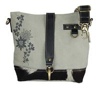 Domelo Damen Trachtentasche. Umhängetasche mit Edelweiß & Hopfenzweig Aufdruck. Graue Crossover Bag in Trachten Vintage- Retro Stil.