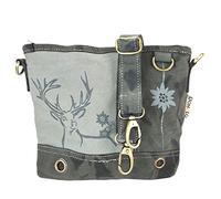 Domelo Damen Trachtentasche. Umhängetasche mit Hirsch & Edelweiß Aufdruck. Graue Crossover Bag in Vintage- Retro Stil. Vegane Schultertasche oder Crossbody Tasche