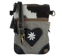 Domelo Dirndl Umhängetasche- Oktoberfest Trachtentasche. Tasche mit Edelweiß & Herz Design - Traditionelle Kleine Crossbody Bag aus Canvas & Kuhfell. Geschenke für Teenager Mädchen