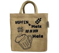 Domelo Jute Flaschentasche. Geschenke für Männer. Bierträger/Flaschenträger mit Trennwänden für 6 Flaschen. kleine Einkaufskorb. Lustige witzige Bier Männerhandtasche (natur/Hopfen & Malz)