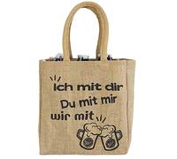Domelo Jute Flaschentasche. Geschenke für Männer. Bierträger/Flaschenträger mit Trennwänden für 6 Flaschen. kleine Einkaufskorb. Lustige witzige Bier Männerhandtasche (Natur/Ich mit dir)