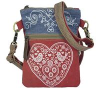 Domelo Trachtentasche. kleine Nachhaltige Umhängetasche aus Recycelte Jeans. Crossbody Bag mit Herz Trachten Motiv. Rote Damen Tasche für Oktoberfest