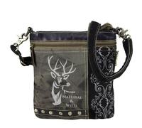 Domelo Damen Trachtentasche. Kleine Trachten Canvas Tasche mit Hirsch Motiv. Vintage Stil Oktoberfest Umhängetasche. Grau Schwarze Crossbody Bag