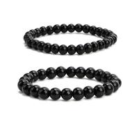 Domicubes 2 Stück 6/8 MM Obsidian Armband mit dreifachem Schutz Unique Chakra Buddha Schwarzer Turmalin Stein Armbänder Stretch Energiearmband Unisex Handgefertigt für Freunde Gattin Ehemann Vater
