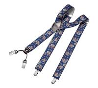 DonDon Hosenträger Herren extra stark Paisley blau 3,5 cm Hosenträger Herren breit mit brauem Leder in Y-Form lang - Starke Clips passend für Anzug Jeans Chinos Vintage Rockabilly Suspenders