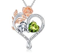 DONGHU Rose Heart Birthstone Necklace Sterling Silver Two Heart Birthstone Necklace for Women 2 Birthstone Heart Pendant Birthday Christmas Valentine's Day Gift for Wife Mom Lady, Edelstein, Zirkonia