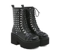DONLIS Punk-Nieten Stiefel, Schwarze Rock-Stiefeletten im dunklen Stiel, 8 cm hohe Gothic-Schuhe aus Lackleder mit runder Spitze und Schnürung, Plateauschuhe mit klobigem Absatz,Schwarz,35