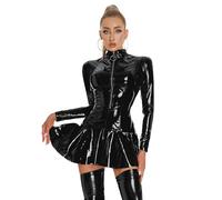 Doomiva Damen Wetlook Minikleid Lackleder Plisseekleid Langarm Kleid A Linie Kleider Gläzende Clubkleid Gogo Party Schwarz XL
