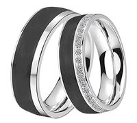 DOOSTI Paar Ring Set Damen Herren Partnerringe Edelstahl Carbon Schwarz als Freundschaftsring Partnerring Hochzeitsring Herrenring Damenring inkl. Gravur mit Namen (Ring mit Zirkonia, 54)