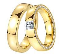 DOOSTI Ring Damen Herren Edelstahl Gelbgold vergoldet Partnerring Verlobungsring Trauringe Hochzeit Freundschaftsringe Ehering inkl. Gravur mit Namen (Ring mit Zirkonia, 50)