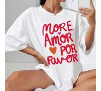 Dopamin inspiriertes "MORE AMOR" Herz Buchstaben Muster Oversized Locker Sitzende Kurzarm T-Shirt, Retro Graffiti Buchstaben Muster Lässiges Weißes T-
