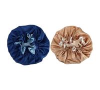 Doppellagige Satin Schlafhaube mit Breitem Gummiband, Blau Gold | Glattes Material, Oversized Form, für Haar und Extensions, Reisetauglich, Sitzt Sicher