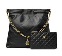 DORIS&JACKY Gestepptes Tragetaschen-Set für Damen, weiches Lammfell, Schultertasche, große Leder-Arbeitshandtasche mit 1 kleinen Clutch, Tote Bag, 1-schwarz, Large