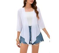 Dosieyeo Chiffon Bolero Damen Festlich 3/4 Arm Bolerojacke zum Binden Leichtes Jäckchen für Kleid Sommer Cover up weiß,M