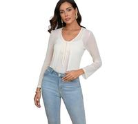 Dosieyeo Damen Bolero Elegant Langarm V Ausschnitt Jäckchen Leicht Tie Front Shrugs Stretch Schulterjacke zum Kleid Top Beige,M