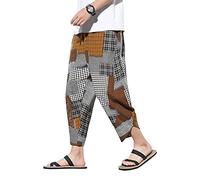 DOSLAVIDA Herren-Caprihose mit elastischer Taille, Leinen, weites Bein, Baggy, Baumwolle, Harems-Yogahose, lockere Patchwork-Shorts, gelb, X-Groß