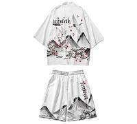 DOSLAVIDA Herren Japanischer Kimono Cardigan Anzug Chinesischer Stil Gedruckt Jacke Hosen Set Open Front Sieben Ärmel Top & Shorts, Stil 2-weiß 1, 4X-Large