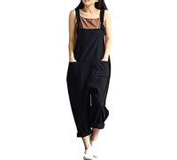 DOTBUY Damen Latzhose Jumpsuits Playsuit Overall mit Taschen Sommer Casual Elegant Loose Baggy Leinen Lange Wide Leg Hosen (3XL,Schwarz)