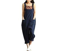 DOTBUY Damen Latzhose Jumpsuits Playsuit Overall mit Taschen Sommer Casual Elegant Loose Baggy Leinen Lange Wide Leg Hosen (5XL,Blau)
