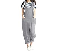 DOTBUY Damen Latzhose Jumpsuits Playsuit Overall mit Taschen Sommer Casual Elegant Loose Baggy Leinen Lange Wide Leg Hosen (M,Grau)