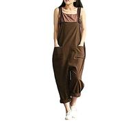 DOTBUY Damen Latzhose Jumpsuits Playsuit Overall mit Taschen Sommer Casual Elegant Loose Baggy Leinen Lange Wide Leg Hosen (M,Brown)